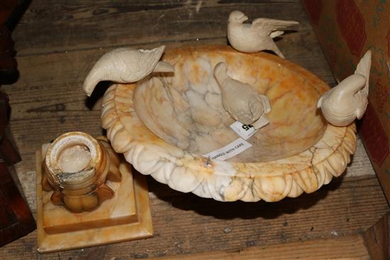 19th century carved alabaster model of Plinys doves, diameter 12in. height 10.5in(-)